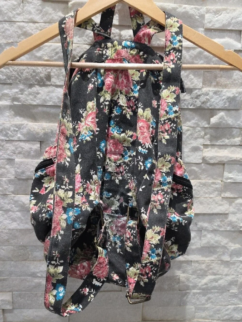 Stone Mountain Accessories Black Floral Canvas Backpack with Pink & Blue Blooms